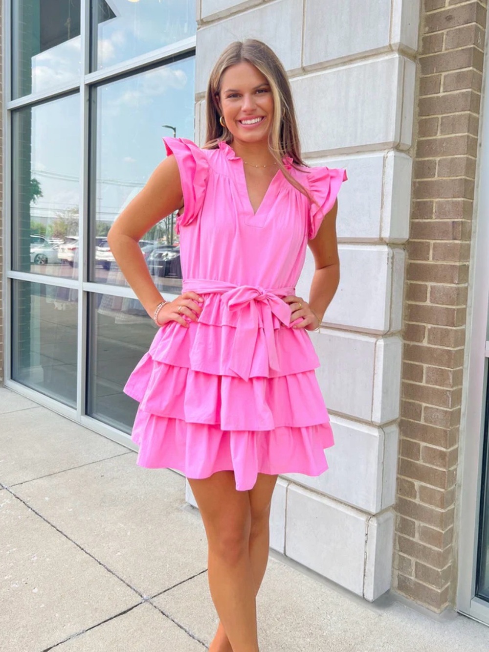TCEC Pink Tiered Ruffle V-Neck Mini Dress